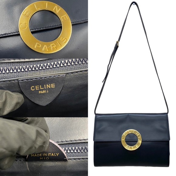CELINE Circle Logo Metal Fittings Calf Leather Genuine 2way Shoulder Bag Poch... - Picture 3 of 10